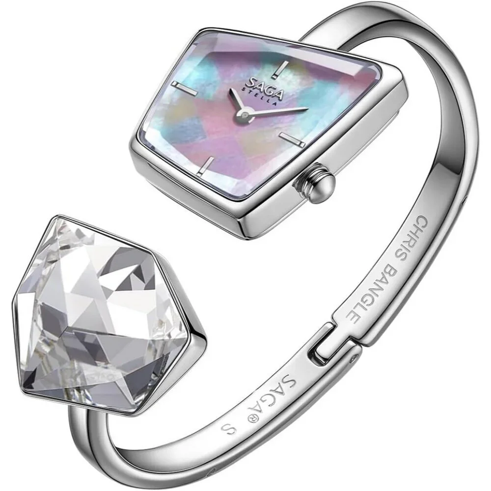 Women's Silver Cuff Bangle Quartz Watch Shaped Mineral Case Stainless Steel